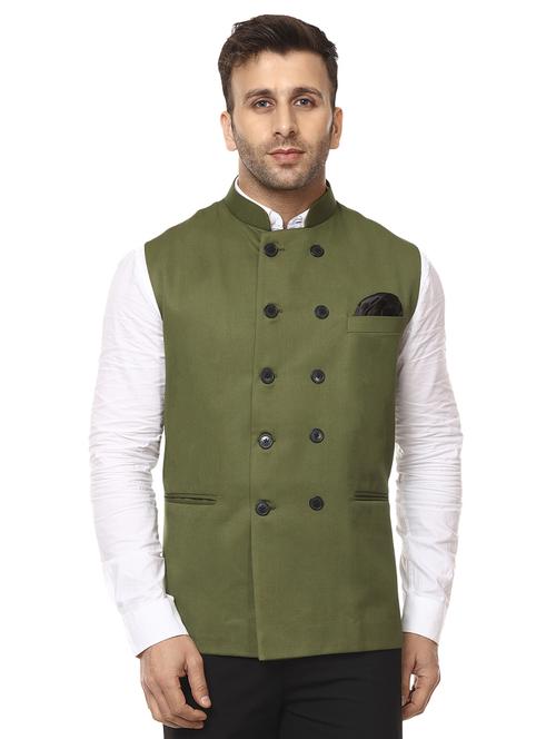 green mandarin neck nehru jacket - 15840482 - Standard Image - 0