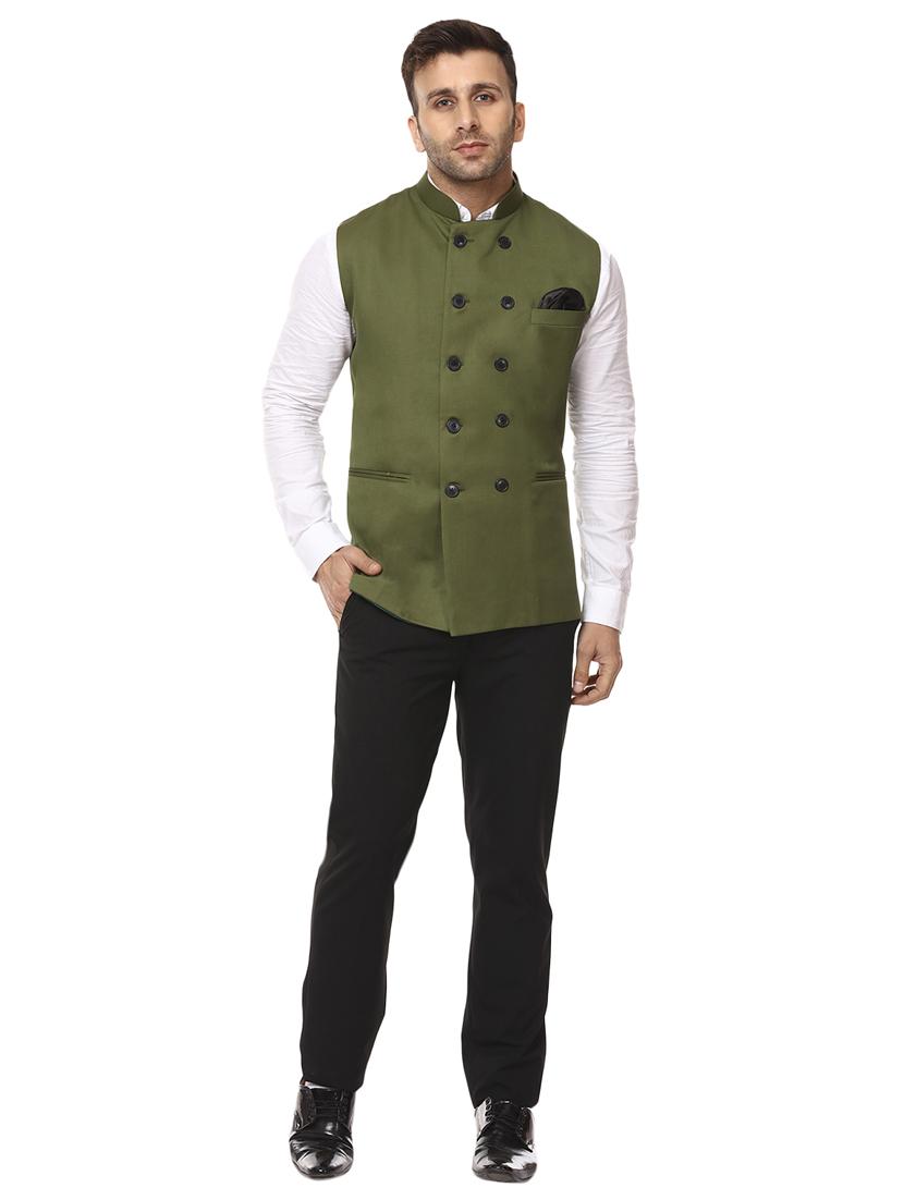 green mandarin neck nehru jacket - 15840482 - Standard Image - 3