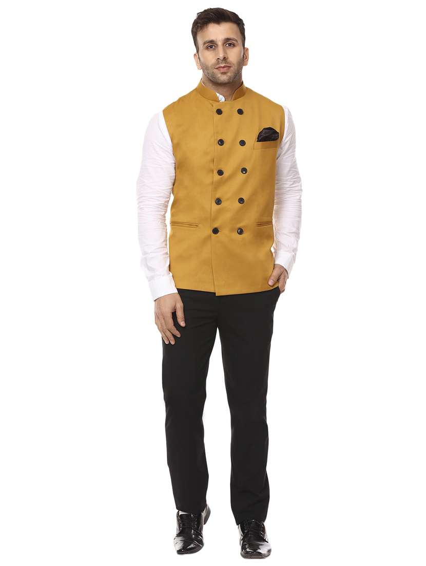 Yellow Mandarin Neck Nehru Jacket - 15840486 -  Standard Image - 3