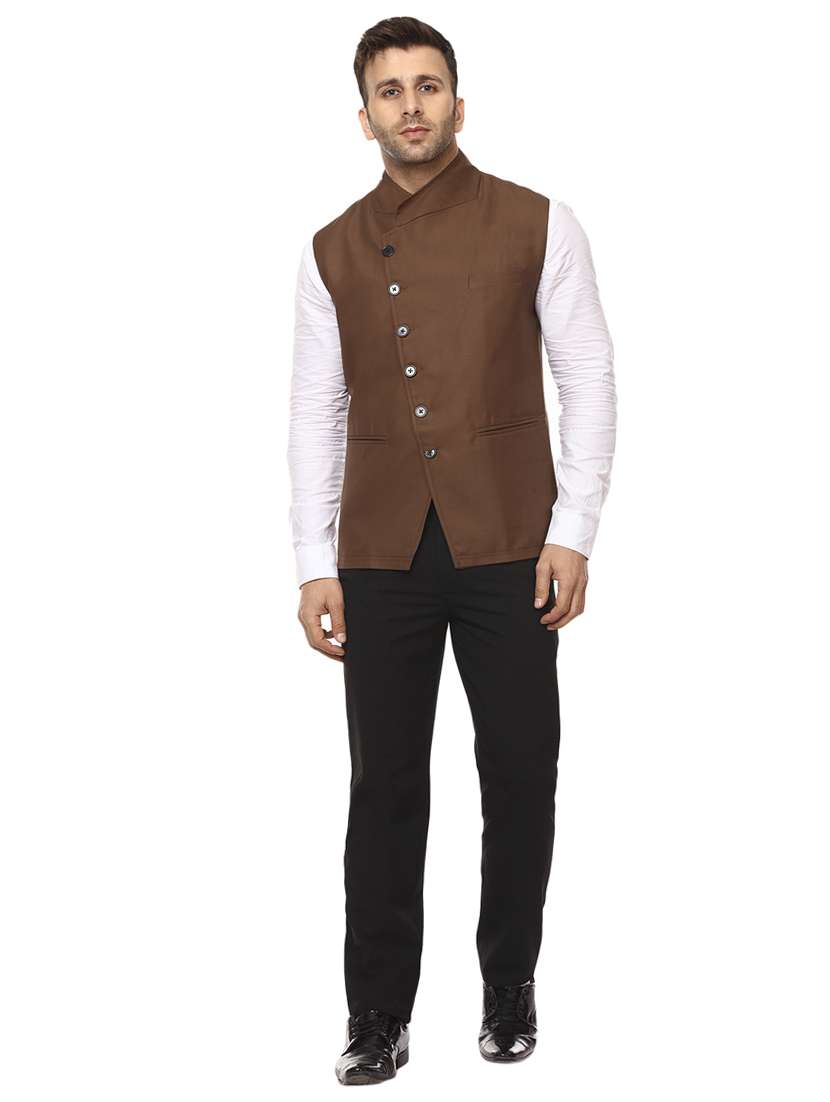 brown mandarin neck nehru jacket - 15840487 -  Standard Image - 3
