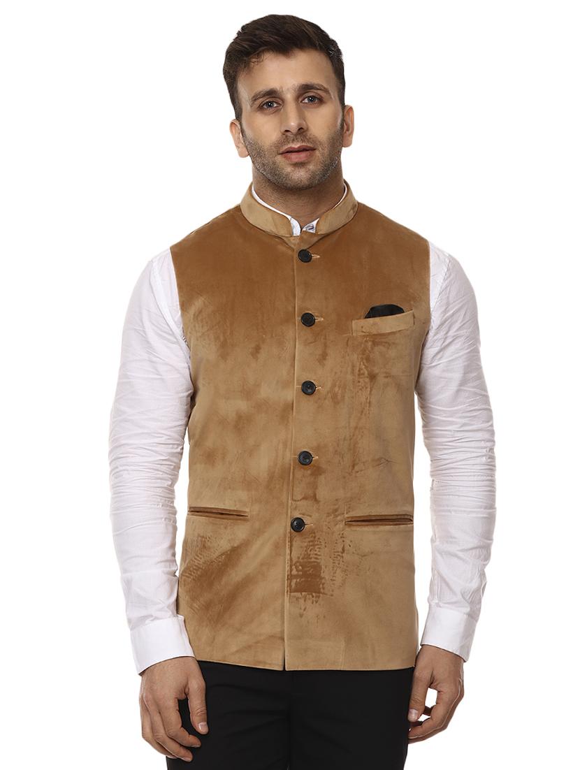 beige mandarin neck nehru jacket - 15840490 -  Zoom Image - 0