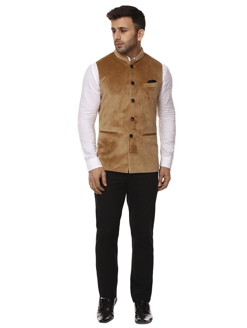 beige mandarin neck nehru jacket - 15840490 - Standard Image - 3