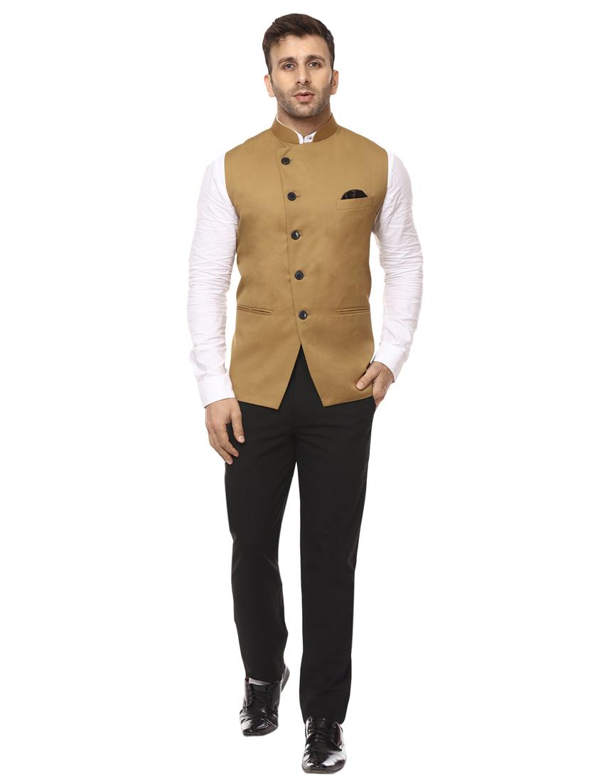 solid brown nehru jacket - 15840493 - Standard Image - 3