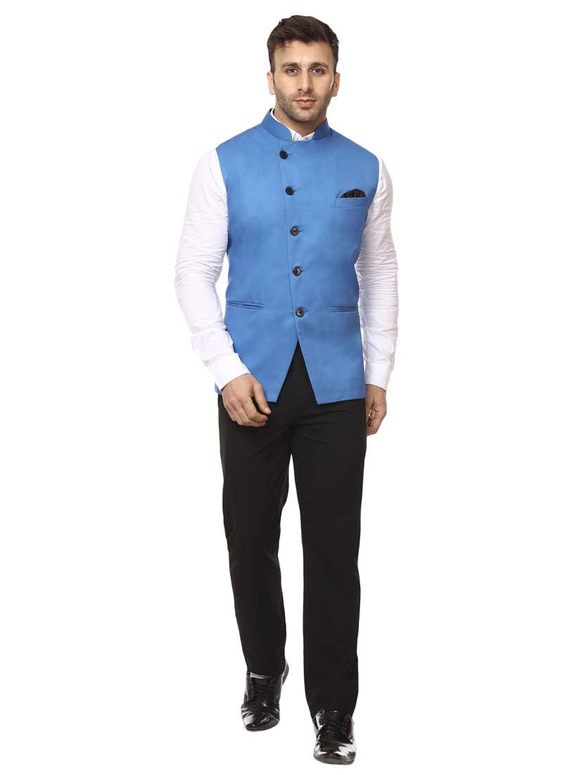 solid blue nehru jacket - 15840494 -  Standard Image - 3