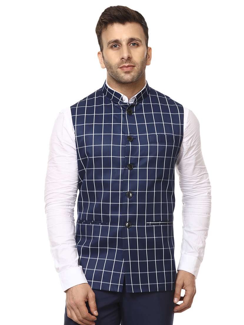 blue checkered nehru jacket