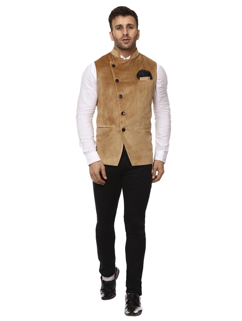 solid beige nehru jacket - 15840502 - Standard Image - 3