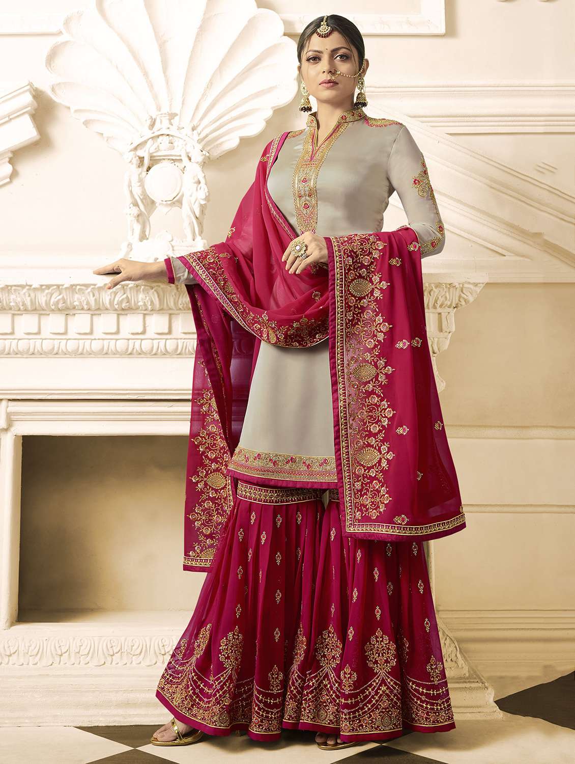 embroidered semi-stitched sharara suit