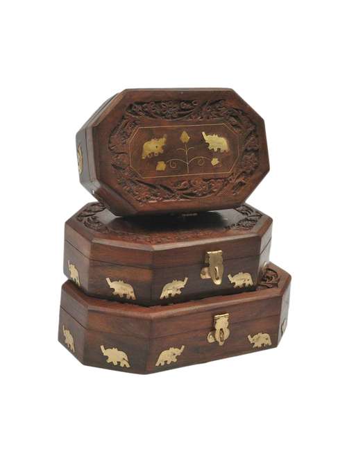 desi karigar wooden antique brown jewellery box with brass work set of 3 size lxbxh-8x5x2.5 inch - 15844950 - Standard Image - 0