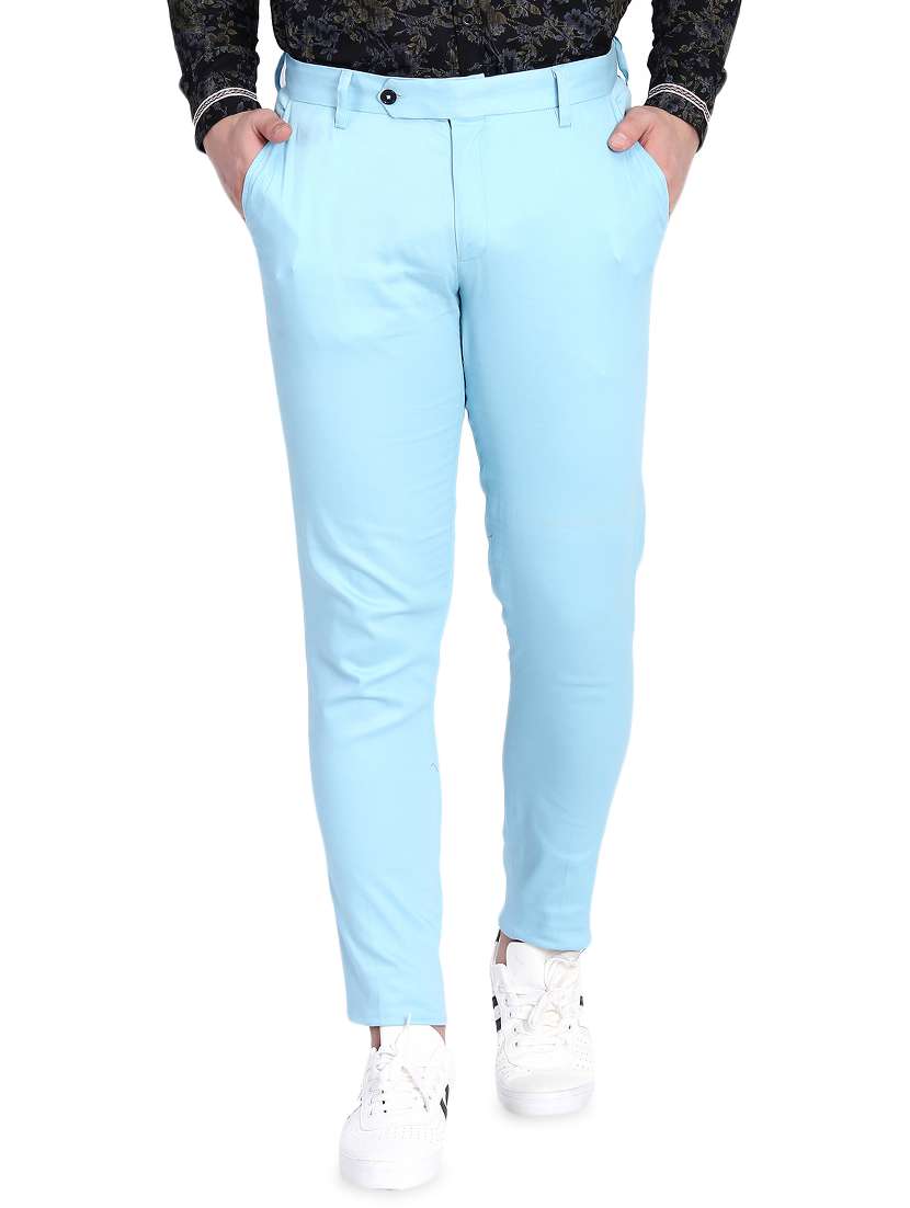 light blue cotton flat front casual trousers