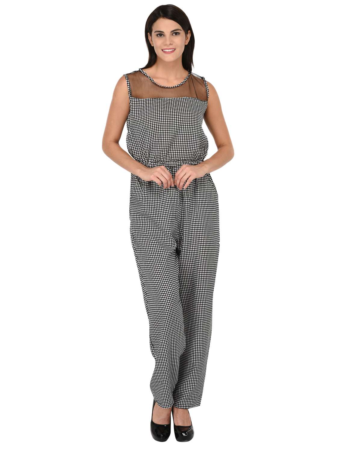 mesh paneled checkered jumpsuit