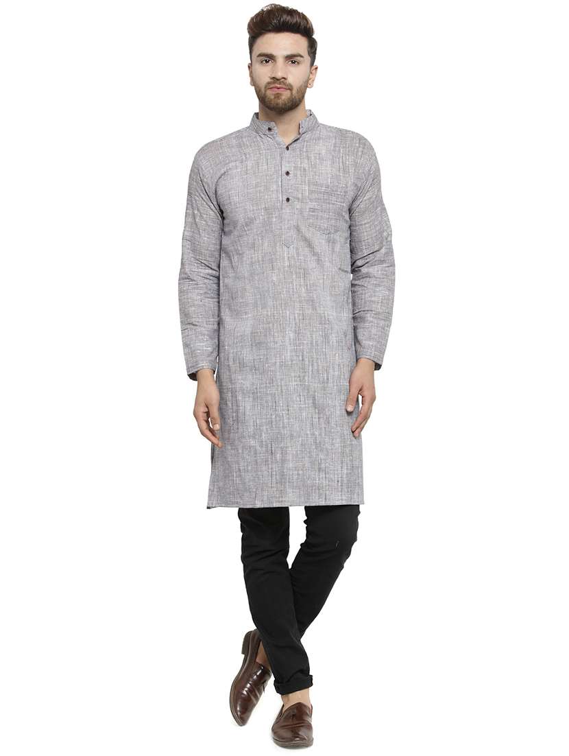 grey cotton long kurta - 15848951 -  Standard Image - 3