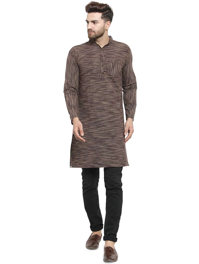 brown cotton long kurta - 15848953 - Standard Image - 3