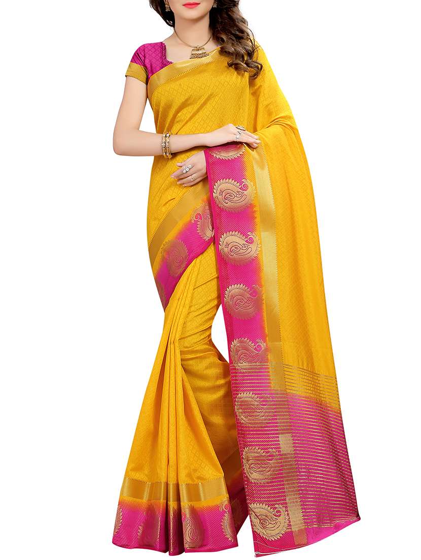 gold border woven saree with blouse - 15849436 -  Zoom Image - 0