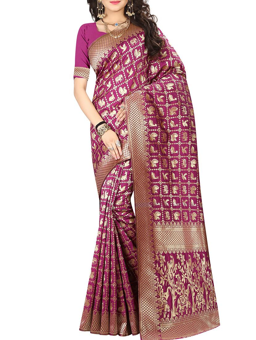 zari motif jacquard weave saree with blouse - 15849503 - Zoom Image - 0