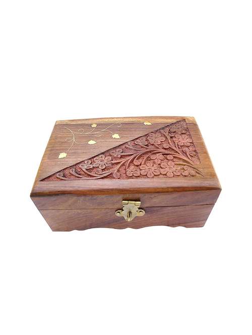 desi karigar wooden hand carved jewellery box ( brown, 6 x 4 x 2 inch ) - 15849542 - Standard Image - 0