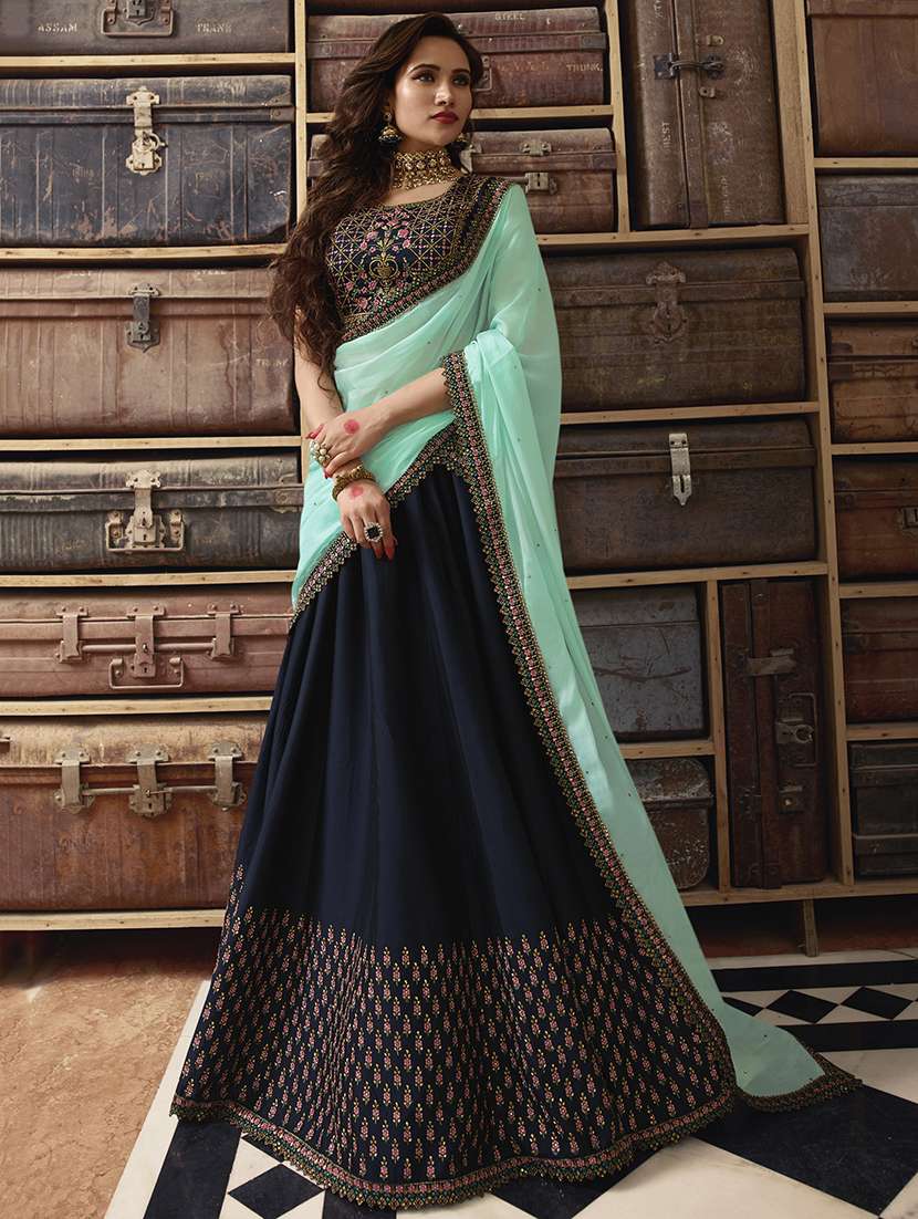 floral embroidered navy blue flared lehenga