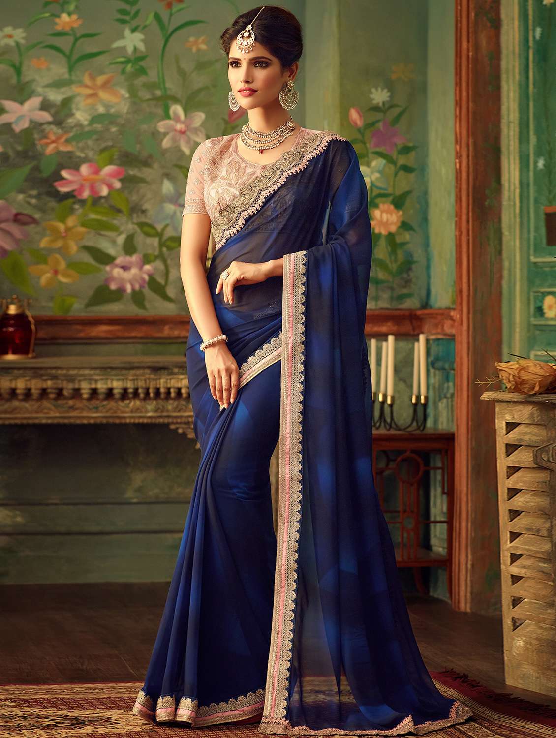 contrast border embroidered saree with blouse