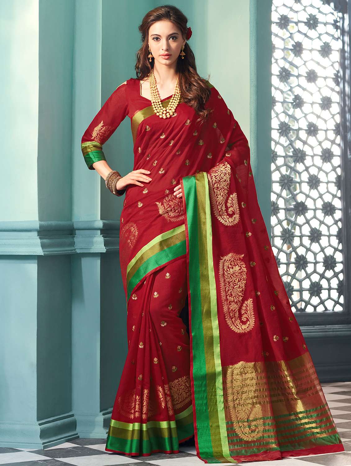 contrast border woven saree with blouse