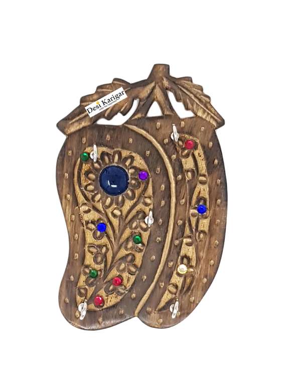 desi karigar wooden key holder in mango shape with handicraft design