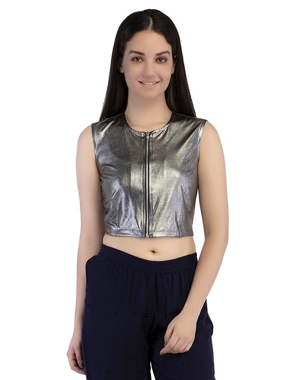 zip-up metallic crop top - 15854710 - Zoom Image - 0