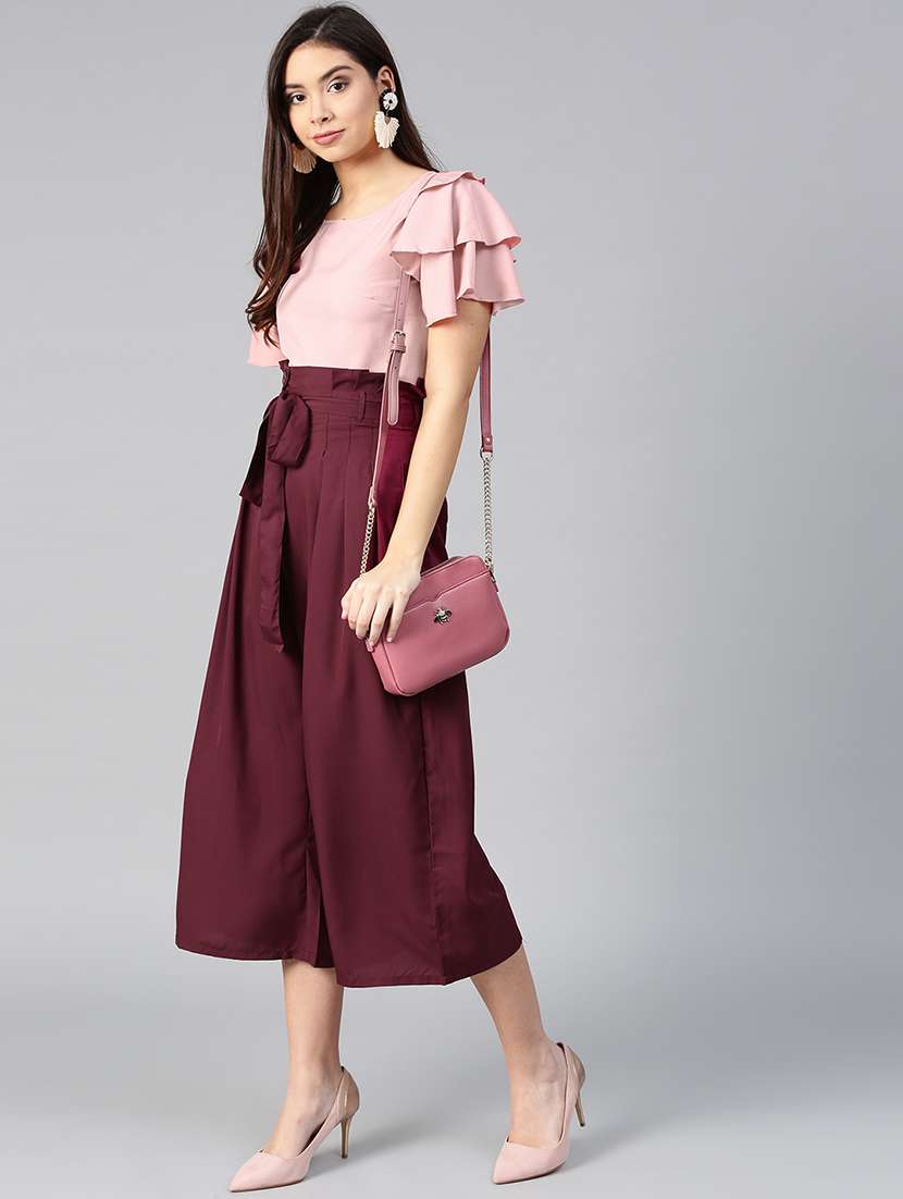 ruffle detail top and pleated trouser set