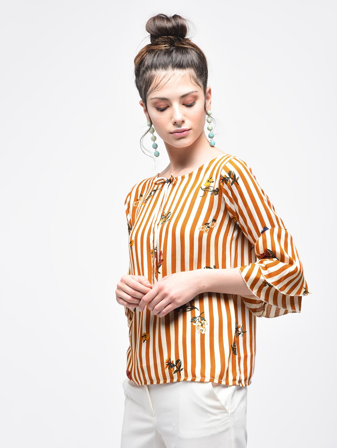 bell sleeved striped floral top - 15857055 - Zoom Image - 0