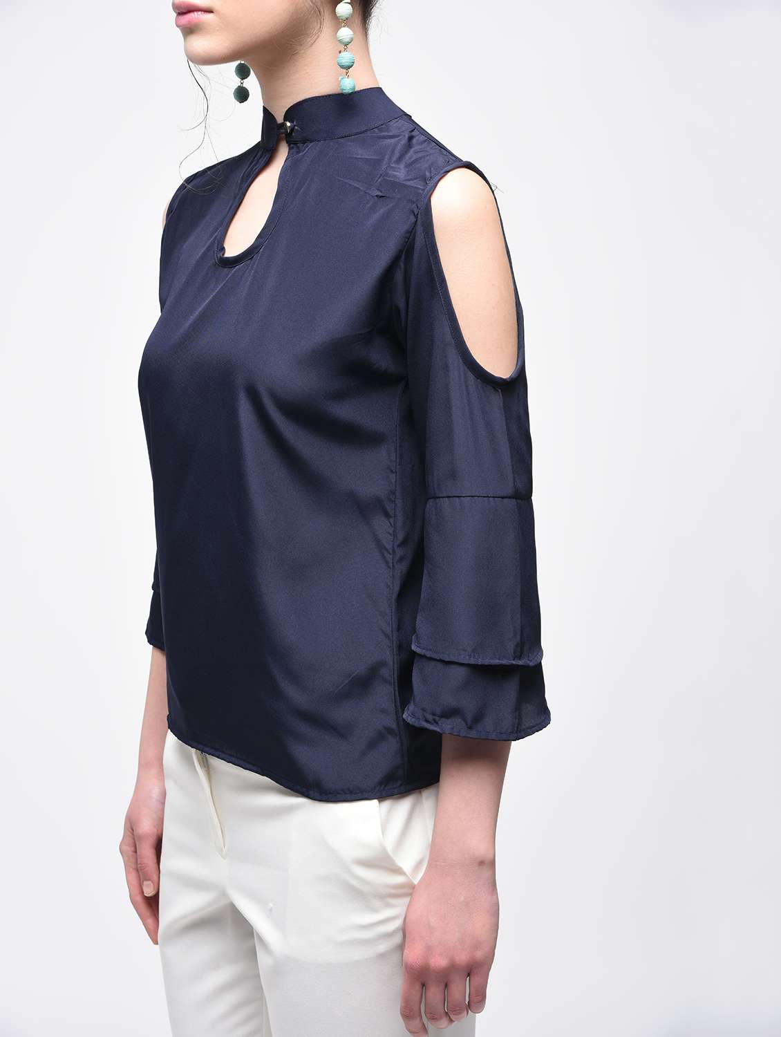 cold shoulder mandarin collar top - 15857065 -  Standard Image - 3