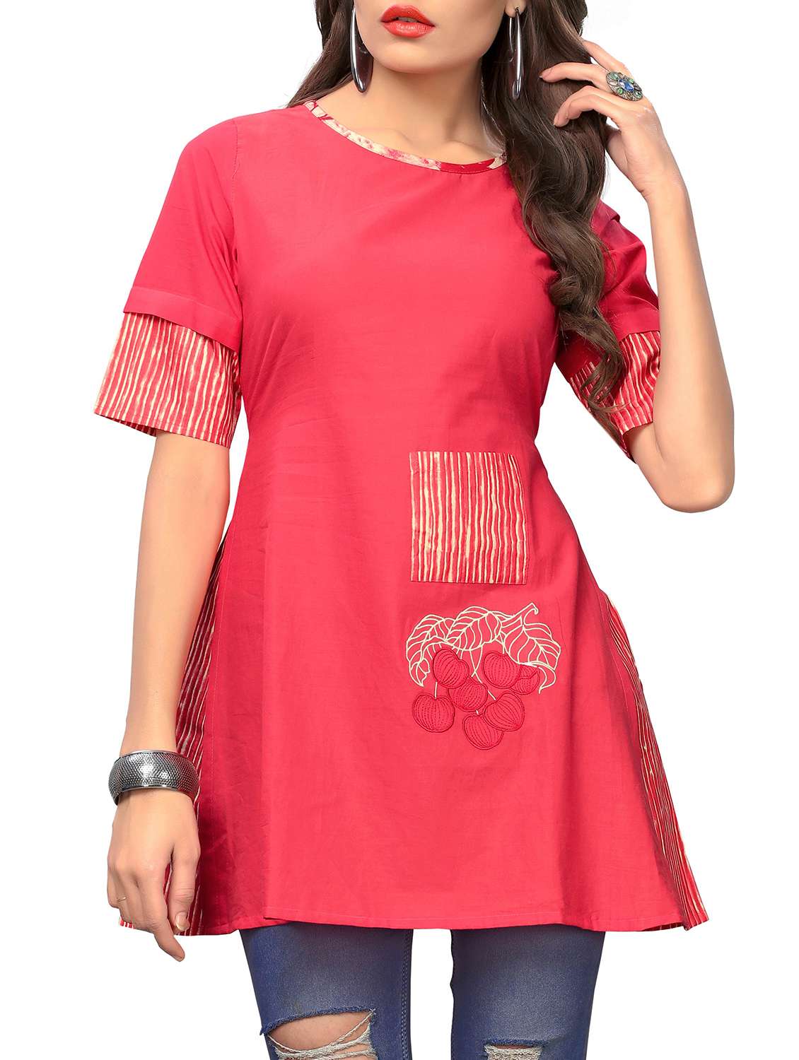 pink cotton aline kurti - 15859758 -  Zoom Image - 0