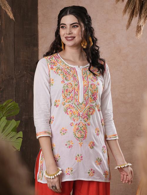 hand-embroidered white chikankari kurti - 15861577 - Standard Image - 0
