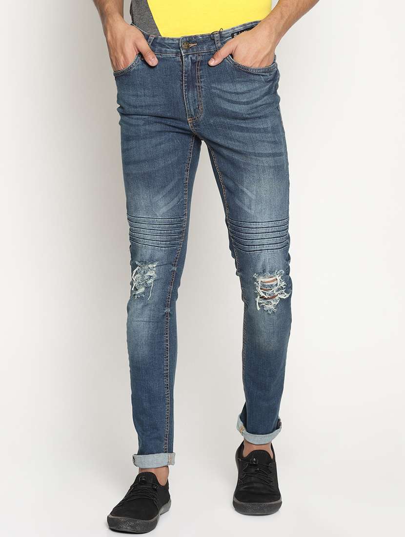 blue cotton blend distressed jeans