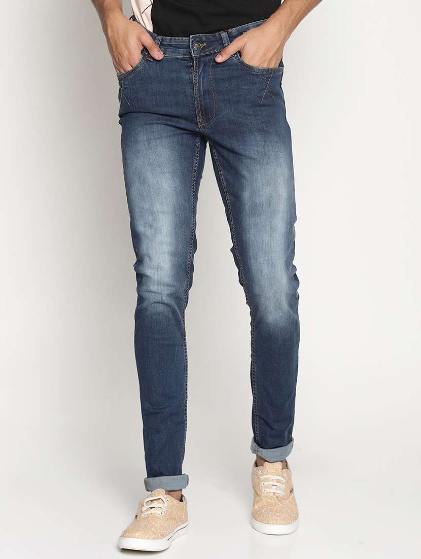 blue cotton blend washed jeans