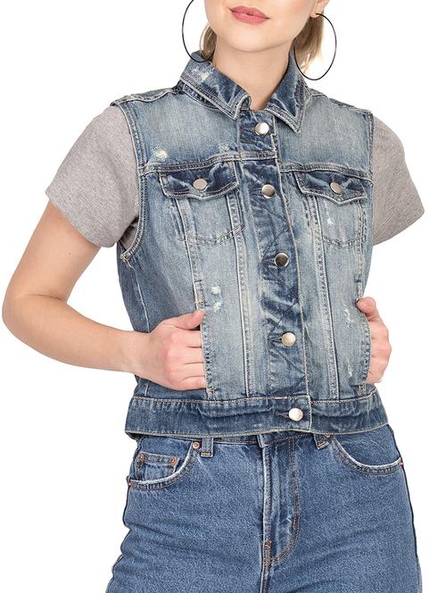 distressed front pocketed denim jacket - 15878587 - Standard Image - 0