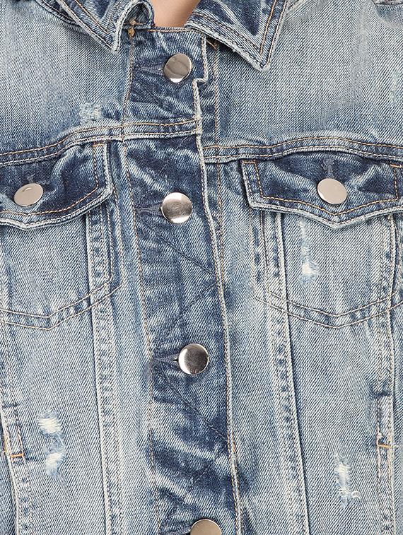 distressed front pocketed denim jacket - 15878587 - Standard Image - 3