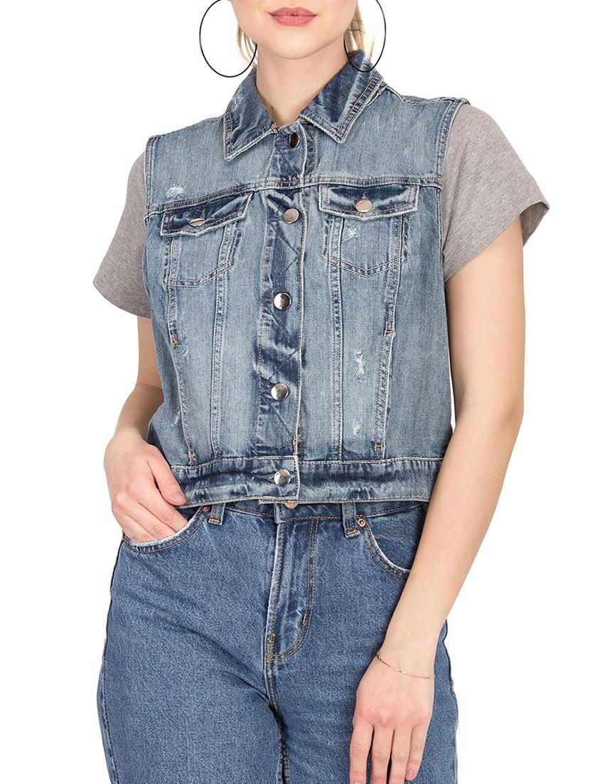 distressed front pocketed denim jacket - 15878588 - Zoom Image - 0