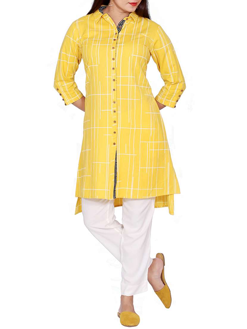 Buy online Yellow Cotton Highlow Kurti from Kurta Kurtis for Women by