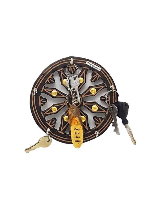 desi karigar wooden key holder in wheel shape with handicraft design and brass inlay - 15891015 - Standard Image - 0