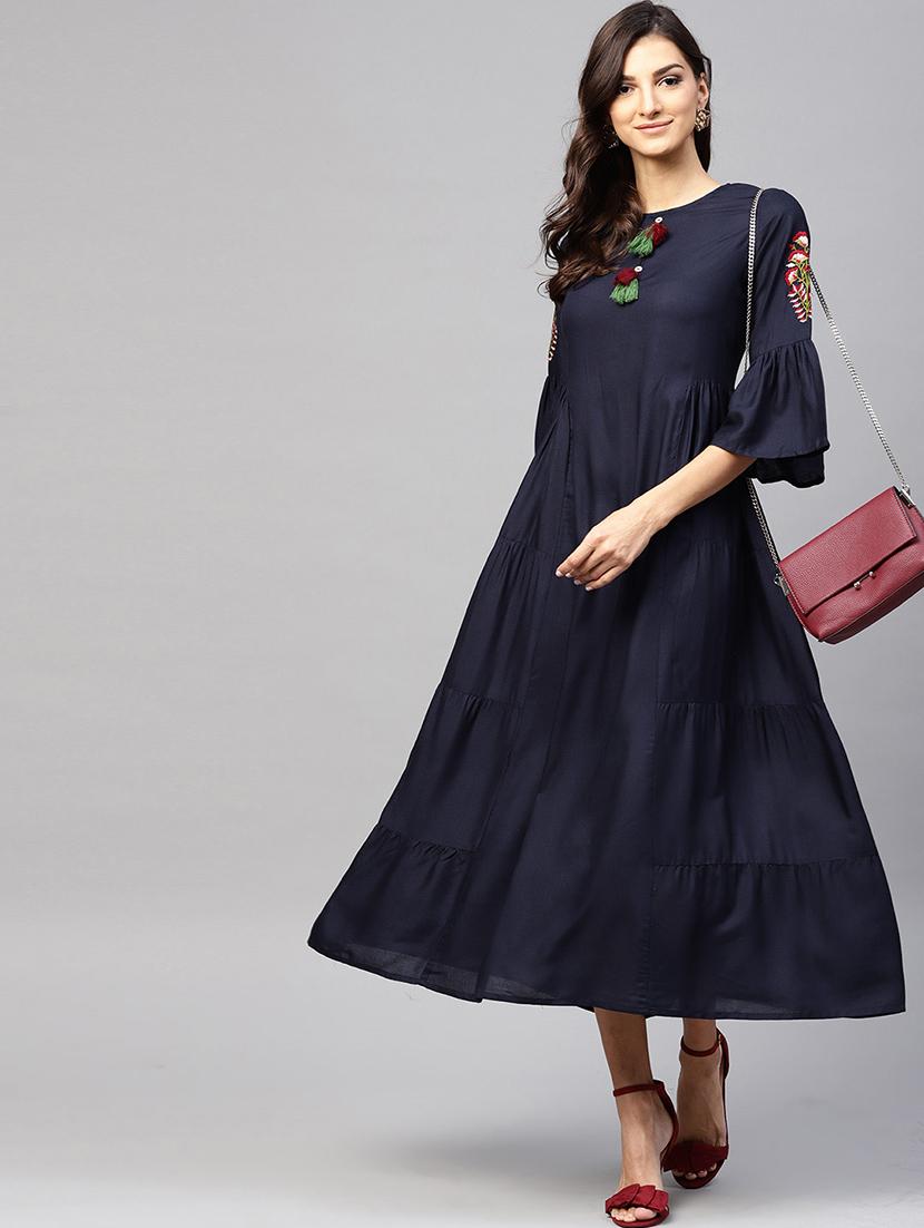 bell sleeves flared ethnic dress with tassels - 15894295 - Standard Image - 3