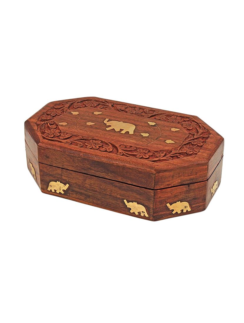 Jewellery Box Rustic Hand Carved Wooden Chest 8 X 5 Decorative Jewellery Box Rustic Hand Carved Wooden Chest 8 X 5 Decorative Keepsake With Elephant Brass Inlay