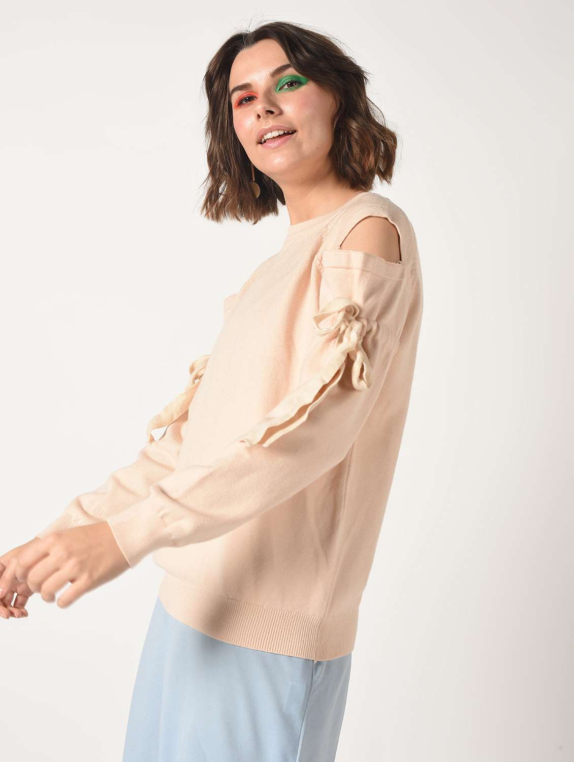 cold shoulder drawstring sleeved pullover