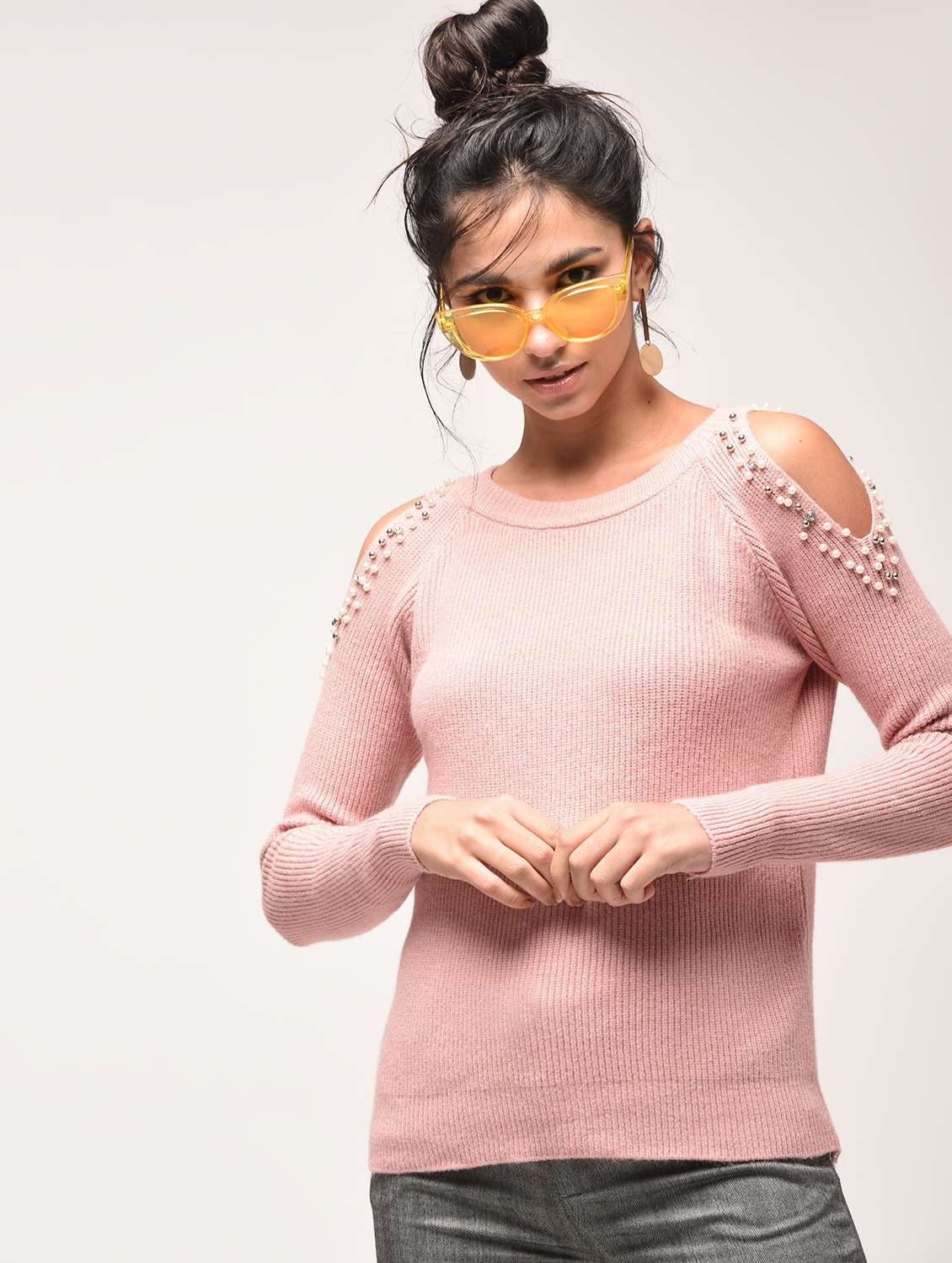 pearl embellished cold shoulder pullover