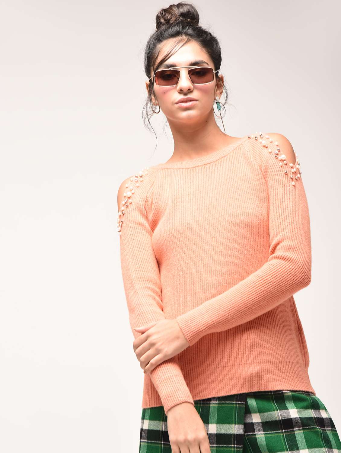 cold shoulder pearl embellished pullover
