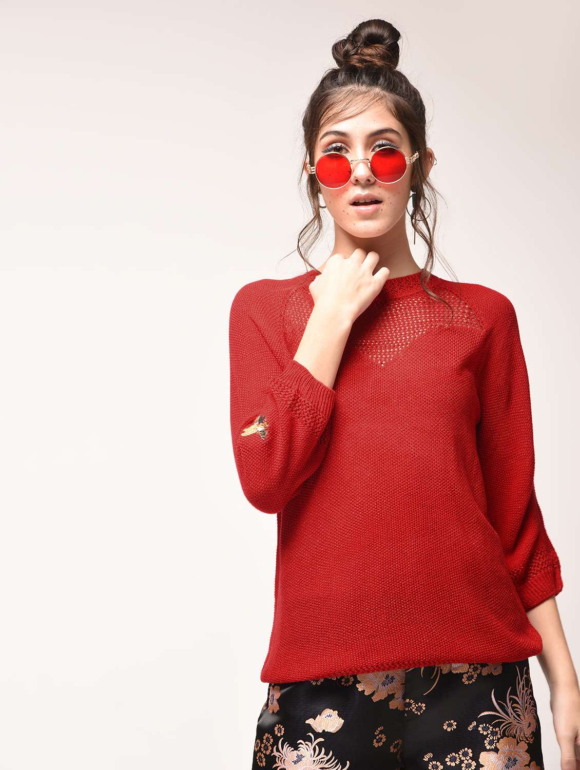 brick red pointelle knit pullover