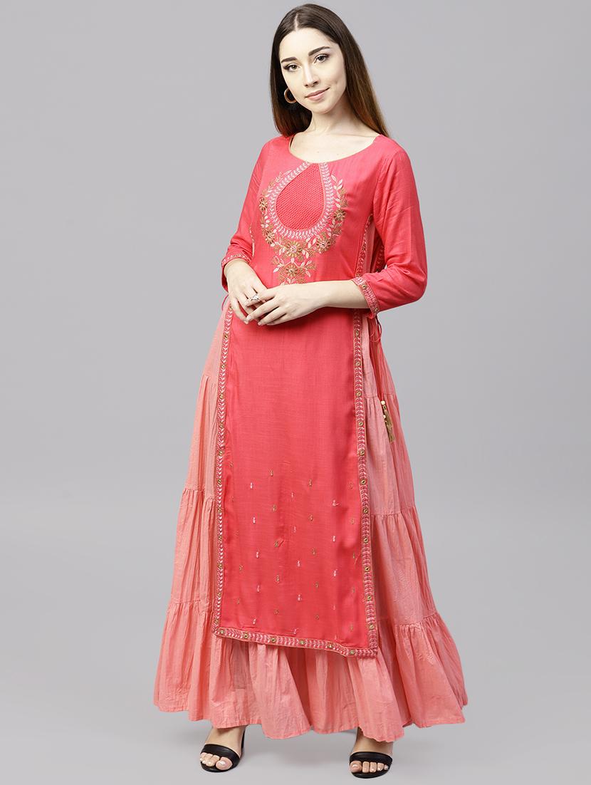 embroidered round neck long kurta with stole - 15901523 - Zoom Image - 0