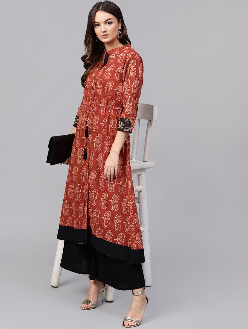 a-line printed kurta with tassels - 15901527 - Standard Image - 3
