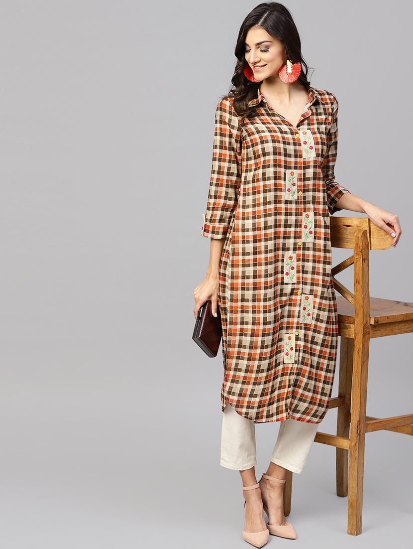 checkered straight kurta - 15901533 - Standard Image - 3