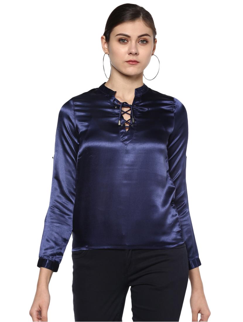 navy criss-cross neck satin top - 15902904 -  Zoom Image - 0