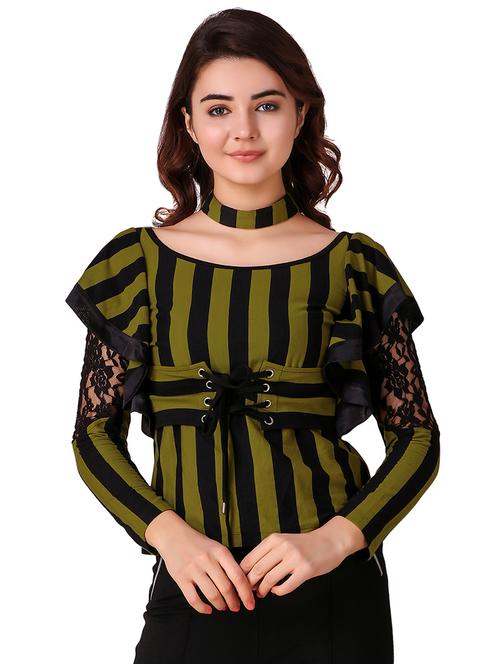 lace paneled striped ruffle top - 15903261 - Standard Image - 0