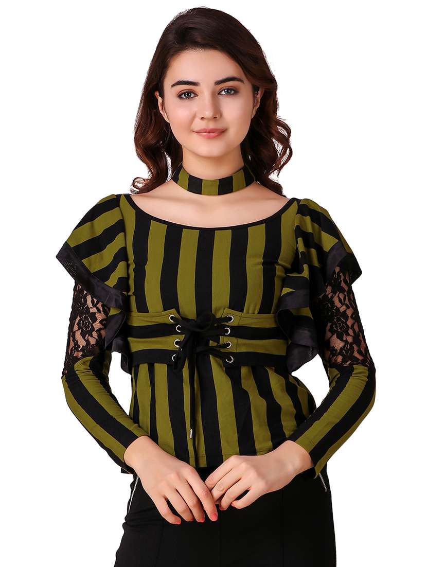 lace paneled striped ruffle top - 15903261 - Zoom Image - 0