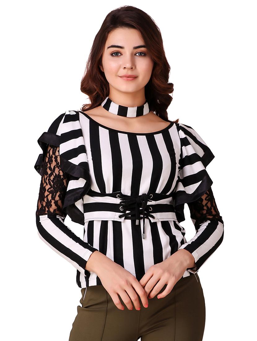 lace paneled striped ruffle top - 15903262 - Zoom Image - 0