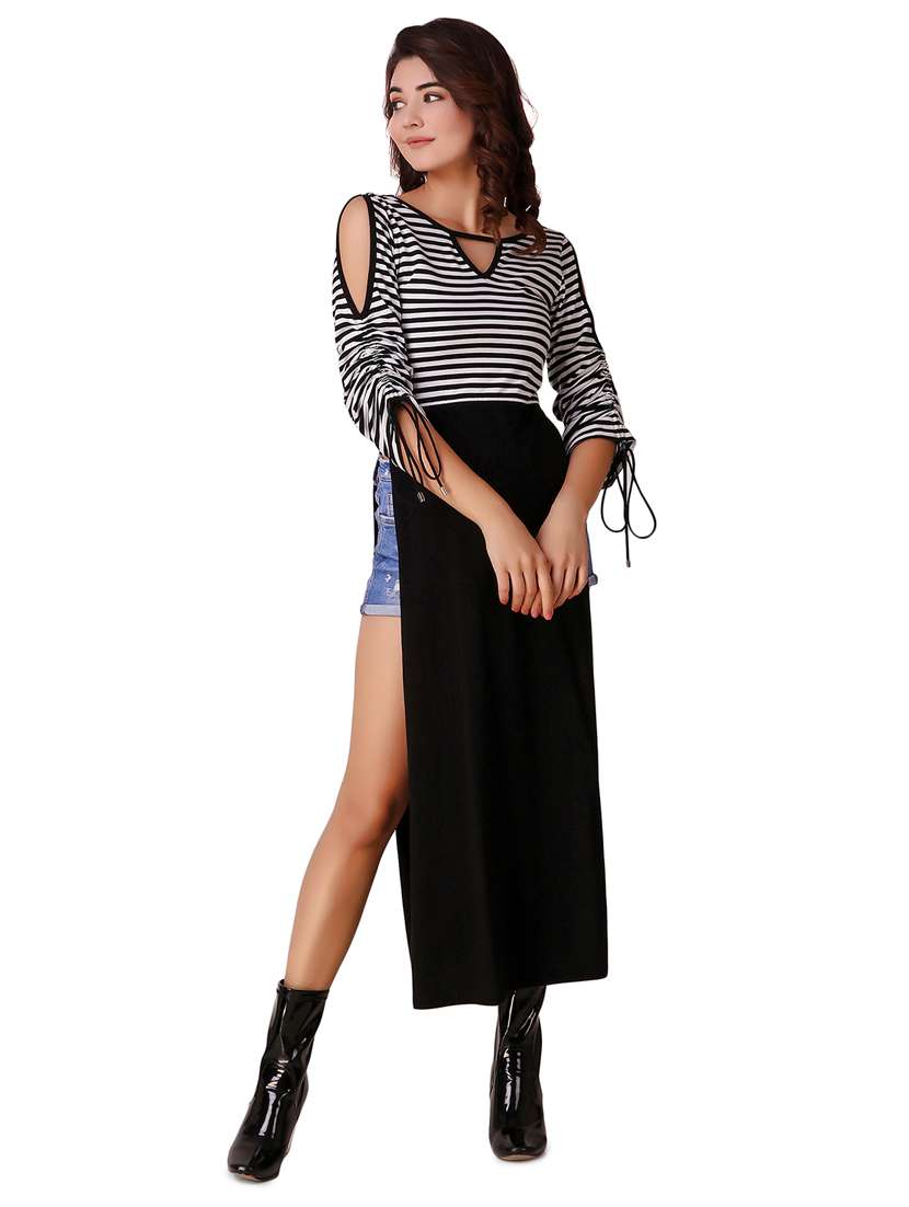 side slit cold shoulder ruched sleeved tunic